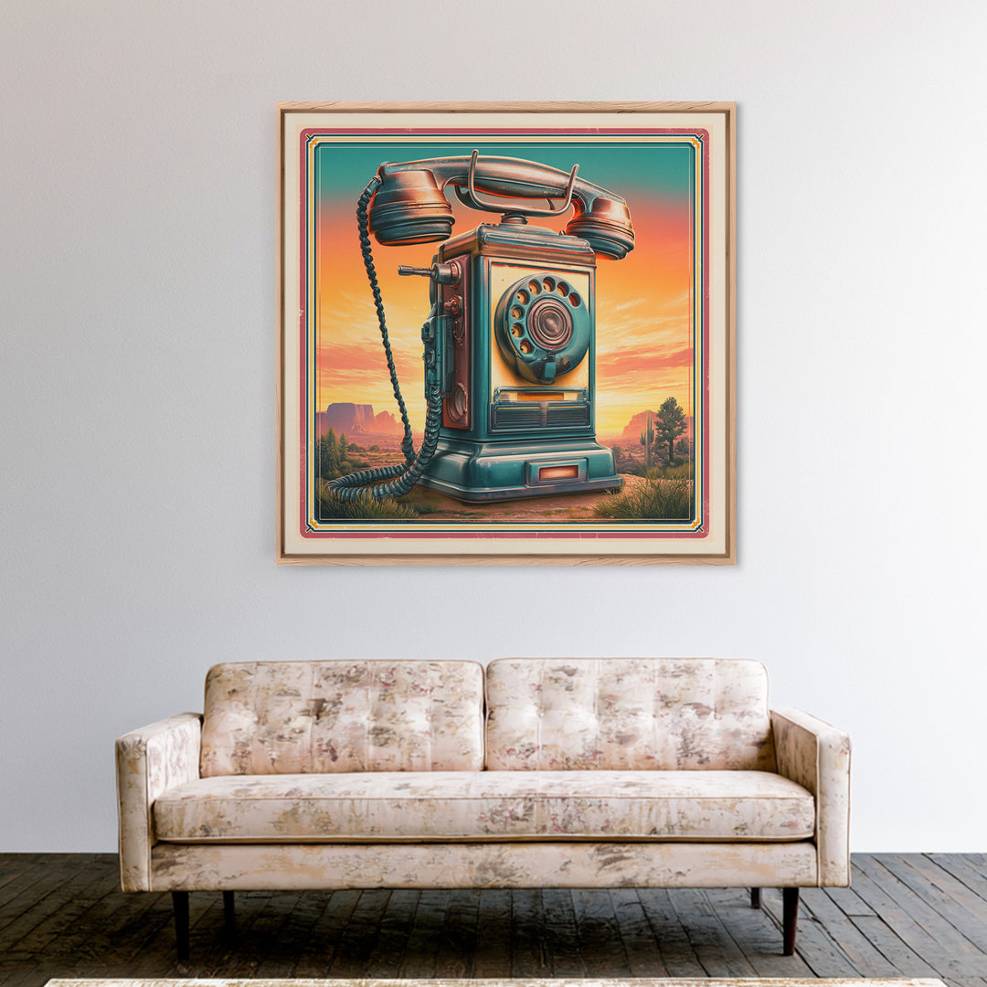 Old Telephone in Bold Color Field Framed Canvas Print, Retro Art, Wall Art Print, Living Room Decor, Fine Art, Retro, RET-1x1-46