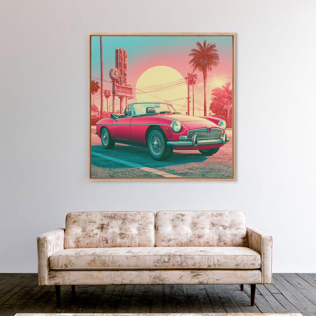 Classic Convertible at Pink Sunset Framed Canvas Print, Retro Art, Bedroom Wall Art, Living Room Decor, Watercolor Art, Retro, RET-1x1-58