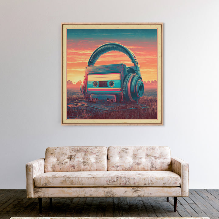 Cassette Tape and Headphones Graphic Framed Canvas Print, Retro Art, Gallery Decor, Living Room Decor, Fine Art, Retro, RET-1x1-78