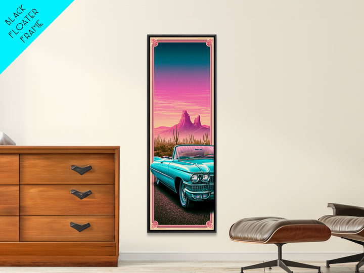 Classic Convertible at Pink Sunset Framed Canvas Print, Retro Art, Cat Art, Living Room Decor, Fine Art, Retro, RET-1x3-70