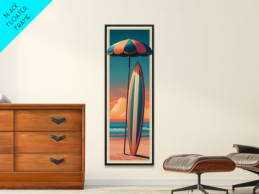 Retro Beach Umbrella and Surfboard Canvas Print, Retro Art, Floral Wall Art, Living Room Decor, Retro, Minimalist Decor, RET-1x3-78