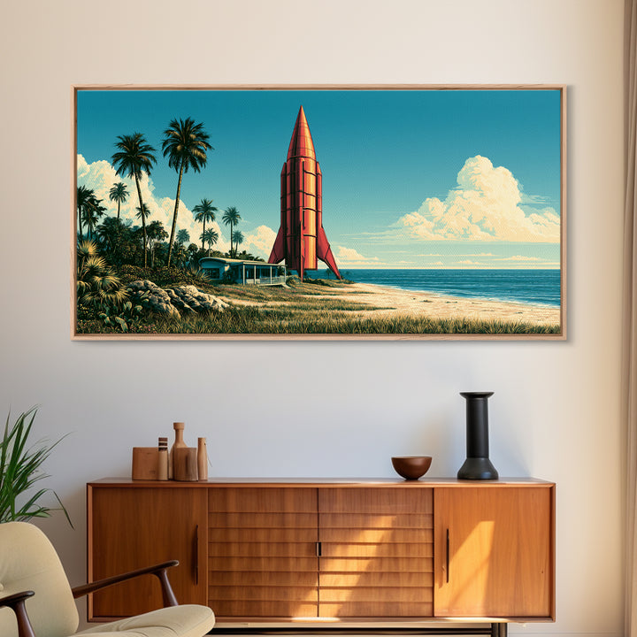 Space Age Rocket Poster Scene Framed Canvas Print, Retro Art, Fine Art Print, Living Room Decor, Fine Art, Retro, Wall Decor, RET-2x1-27
