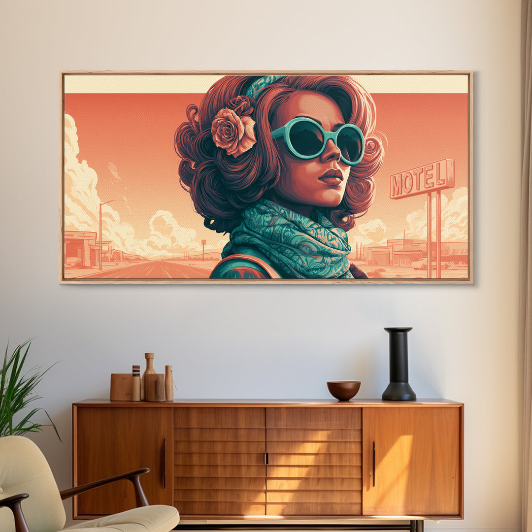 Mod Woman in Sunglasses and Scarf Framed Canvas Print, Retro Art, Minimalist Decor, Living Room Decor, Fine Art, Retro, RET-2x1-28