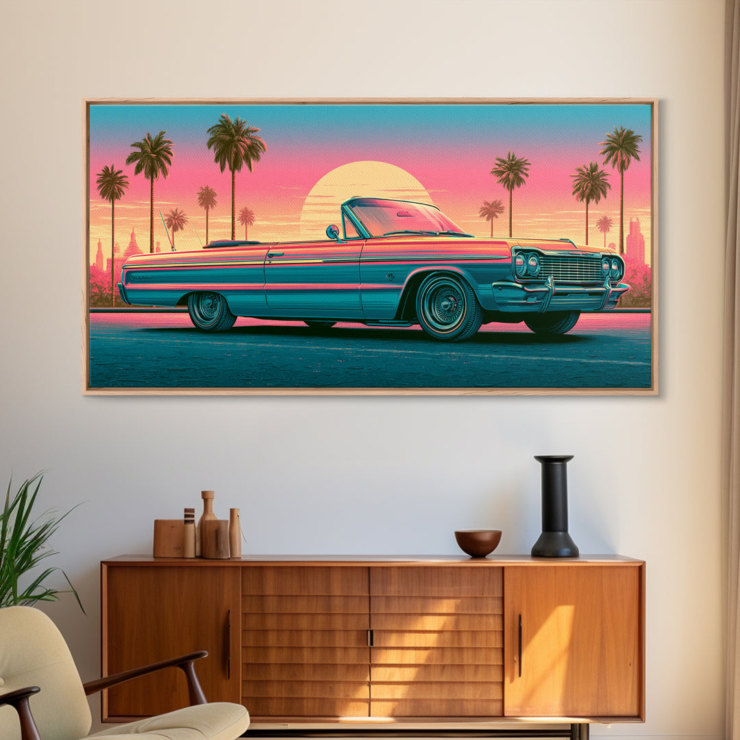 Classic Convertible at Pink Sunset Framed Canvas Print, Retro Art, Luxury Decor, Living Room Decor, Fine Art, Retro, RET-2x1-30