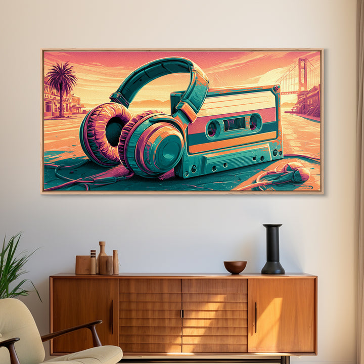 Cassette Tape and Headphones Graphic Framed Canvas Print, Retro Art, Minimalist Decor, Living Room Decor, Fine Art, Retro, RET-2x1-50
