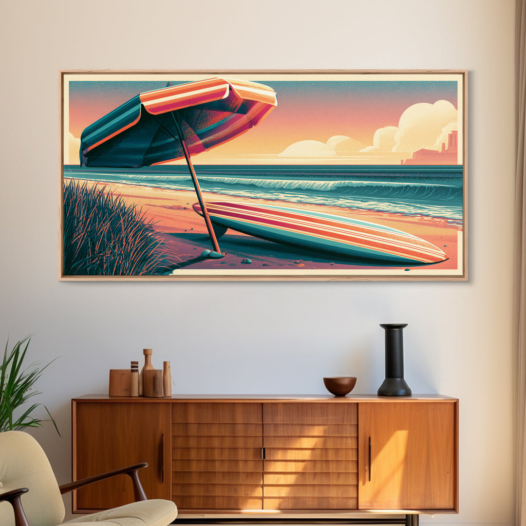 Retro Beach Umbrella and Surfboard Canvas Print, Retro Art, Room Decor, Living Room Decor, Oil Painting, Retro, Wall Art Prints, RET-2x1-62
