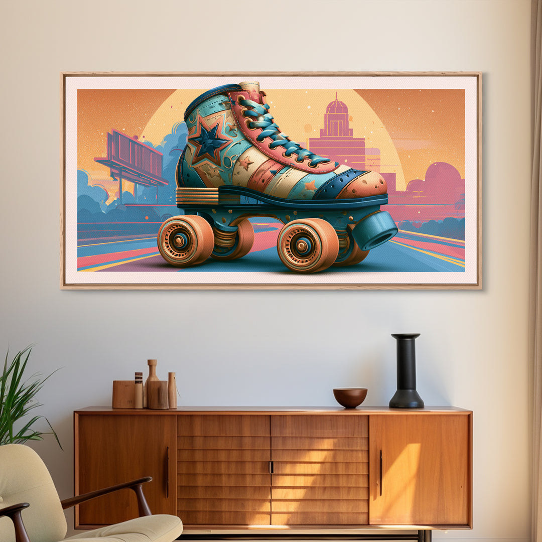 Retro Roller Skate Framed Canvas Print, Retro Art, Mid Century Modern, Living Room Decor, Fine Art, Retro, Dopamine Decor, RET-2x1-72