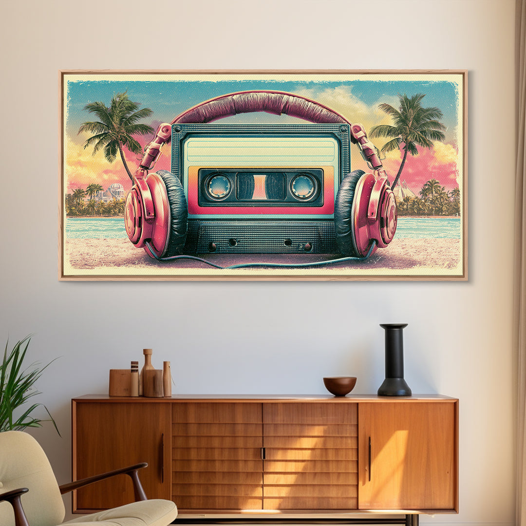 Cassette Tape and Headphones Graphic Canvas Print, Retro Art, Posters, Living Room Decor, Watercolor Art, Retro, Printable Art, RET-2x1-74