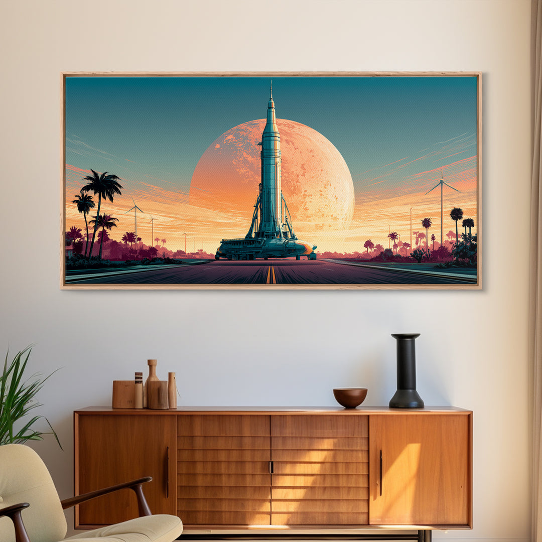 Space Age Rocket Poster Scene Framed Canvas Print, Retro Art, Boho Decor, Living Room Decor, Fine Art, Retro, Posters, RET-2x1-75