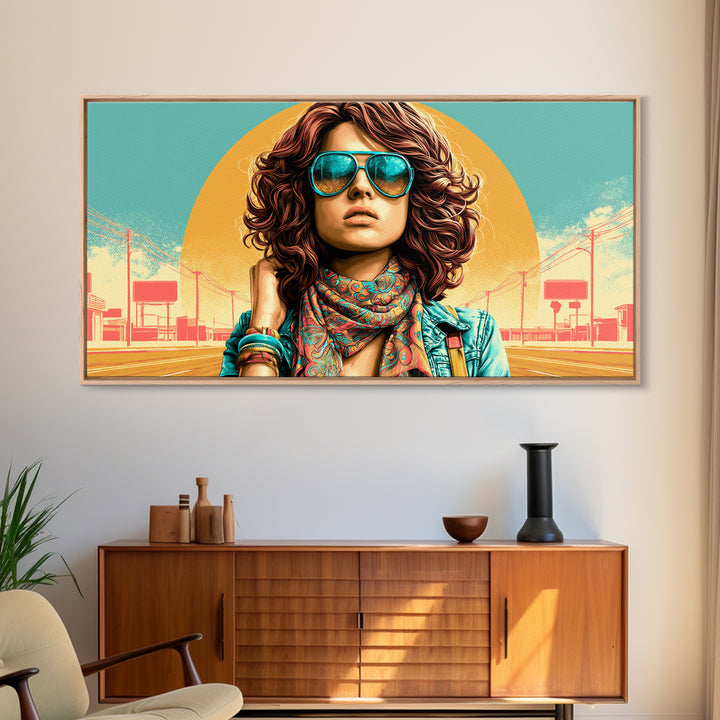 Mod Woman in Sunglasses and Scarf Canvas Print, Retro Art, Apartment Decor, Living Room Decor, Fine Art, Retro, Cat Art, RET-2x1-76