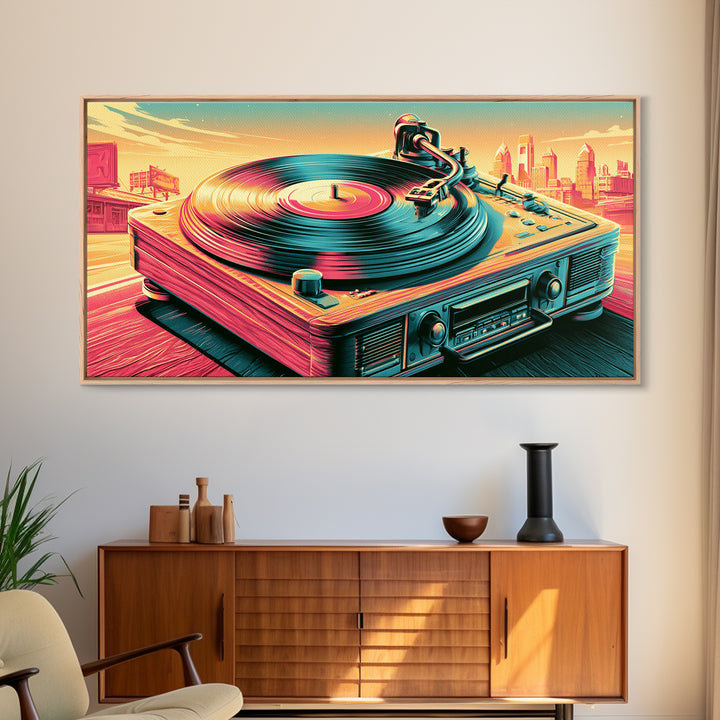 Vinyl Record Player Framed Canvas Print, Retro Art, Printable Art, Living Room Decor, Fine Art, Retro, Funky Wall Art, RET-2x1-80