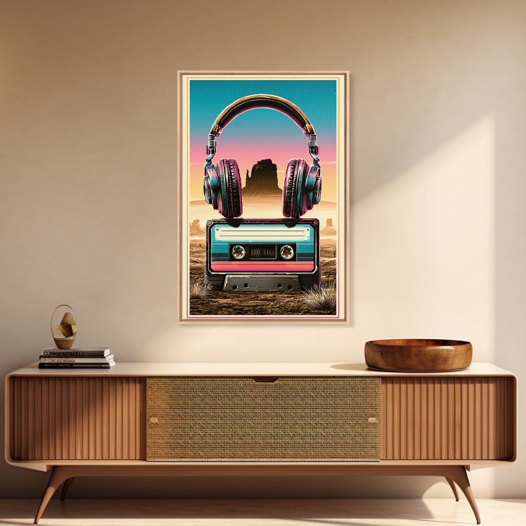 Cassette Tape and Headphones Graphic Canvas Print, Retro Art, Art Print, Living Room Decor, Oil Painting, Retro, RET-2x3-14