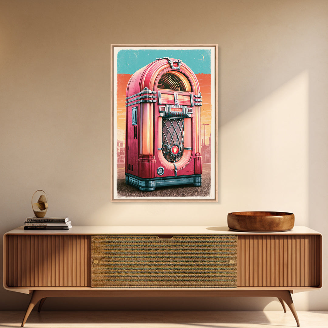 Jukebox Glowing in Red and Chrome Framed Canvas Print, Retro Art, Art Nouveau, Living Room Decor, Retro, Bedroom Wall Art, RET-2x3-28