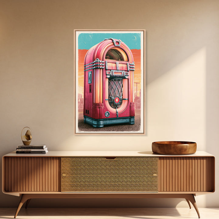 Jukebox Glowing in Red and Chrome Framed Canvas Print, Retro Art, Art Nouveau, Living Room Decor, Retro, Bedroom Wall Art, RET-2x3-28