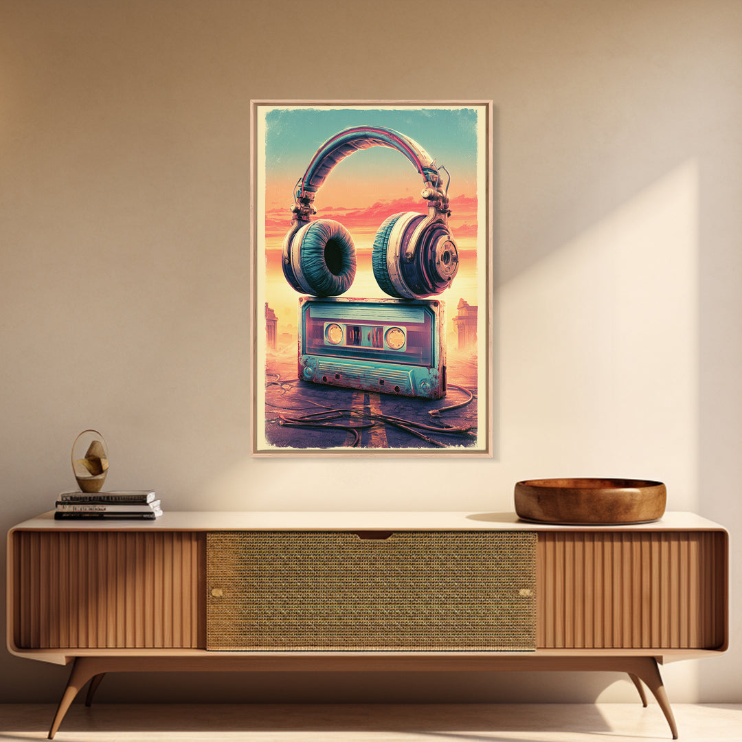 Cassette Tape and Headphones Graphic Framed Canvas Print, Retro Art, Wall Art, Living Room Decor, Fine Art, Retro, Original Art, RET-2x3-38