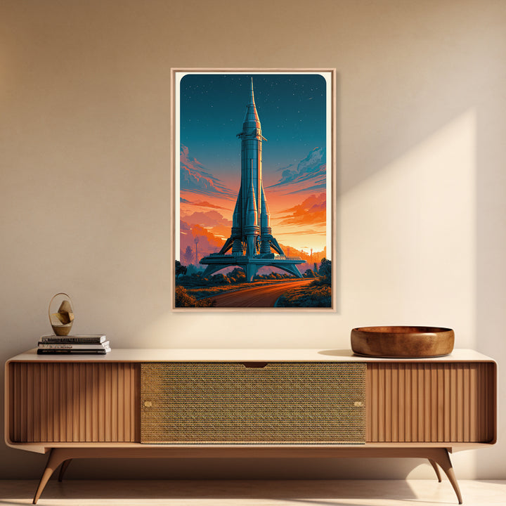 Space Age Rocket Poster Scene Framed Canvas Print, Retro Art, Posters, Living Room Decor, Fine Art, Retro, Printable Art, RET-2x3-63