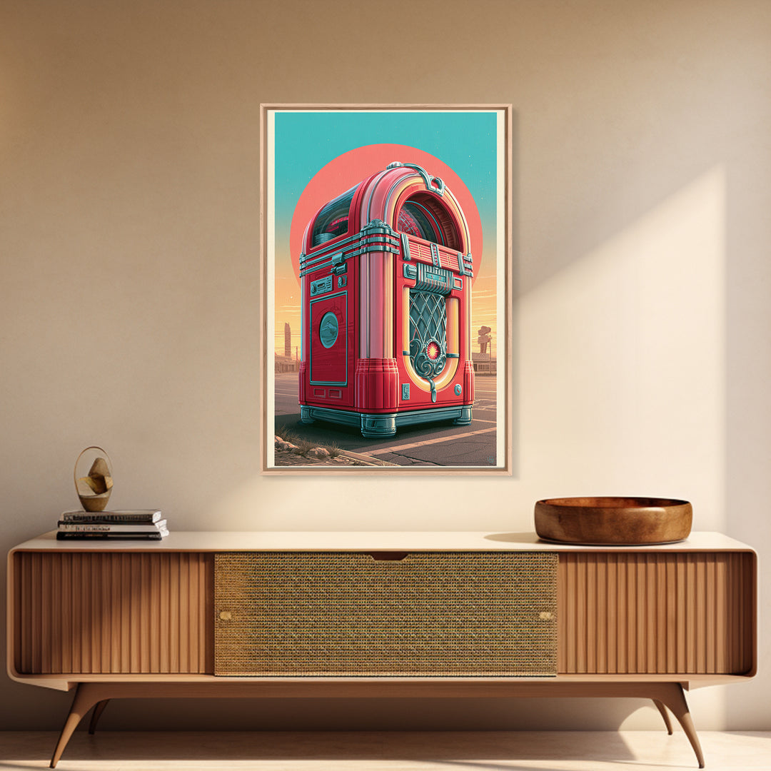 Jukebox Glowing in Red and Chrome Framed Canvas Print, Retro Art, Apartment Decor, Living Room Decor, Fine Art, Retro, RET-2x3-76