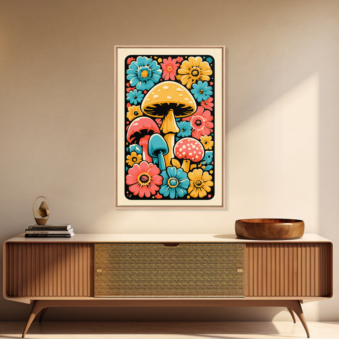 Funky Mushroom and Flower Pattern Canvas Print, Retro Art, Poster, Living Room Decor, Watercolor Art, Retro, Abstract Art, RET-2x3-79