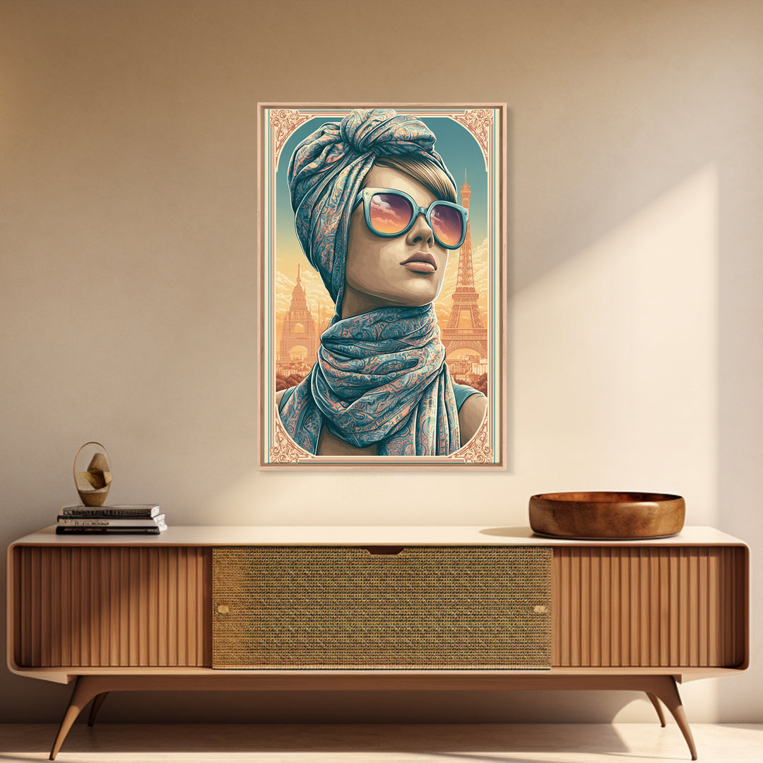 Mod Woman in Sunglasses and Scarf Framed Canvas Print, Retro Art, Printable Wall Art, Living Room Decor, Fine Art, Retro, RET-2x3-88