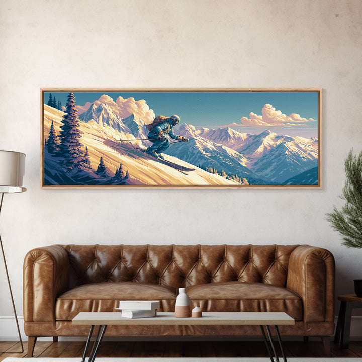 Retro Ski Poster Mountain Scene Canvas Print, Retro Art, Abstract Wall Art, Living Room Decor, Watercolor Art, Retro, RET-3x1-16