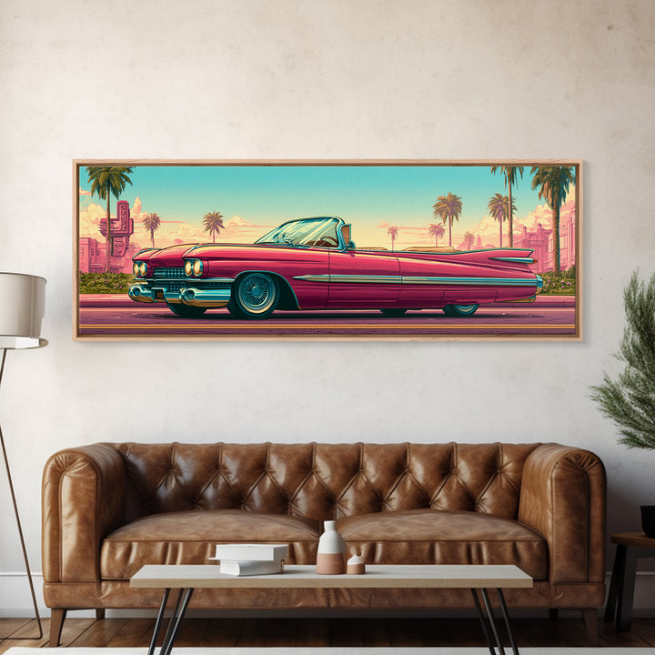 Classic Convertible at Pink Sunset Framed Canvas Print, Retro Art, Digital Prints, Living Room Decor, Fine Art, Retro, RET-3x1-2