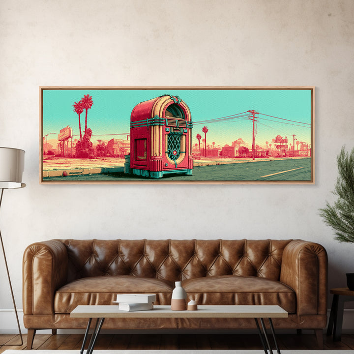 Jukebox Glowing in Red and Chrome Canvas Print, Retro Art, Floral Wall Art, Living Room Decor, Retro, Minimalist Decor, RET-3x1-36
