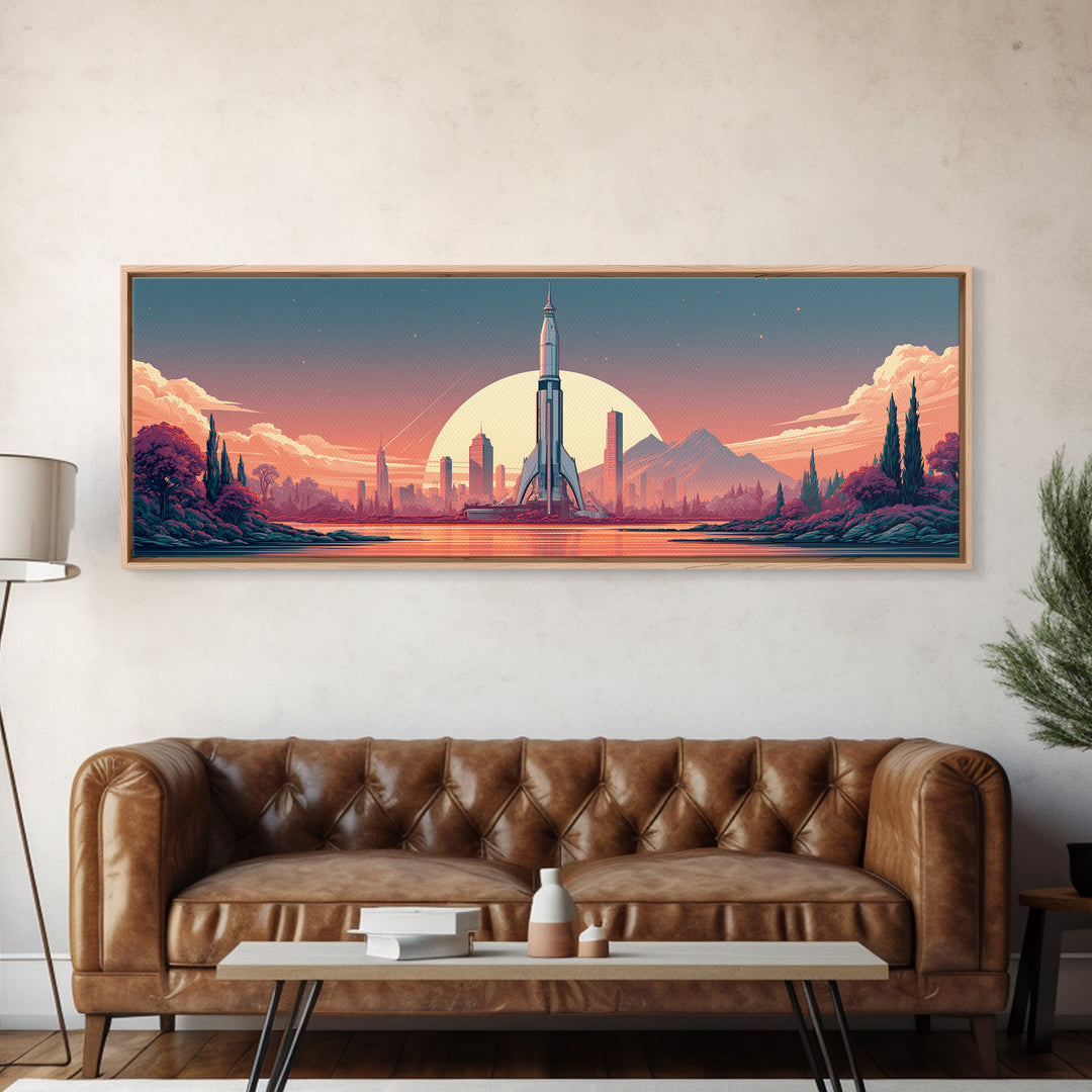 Space Age Rocket Poster Scene Framed Canvas Print, Retro Art, Wall Decor, Living Room Decor, Fine Art, Retro, Apartment Decor, RET-3x1-47
