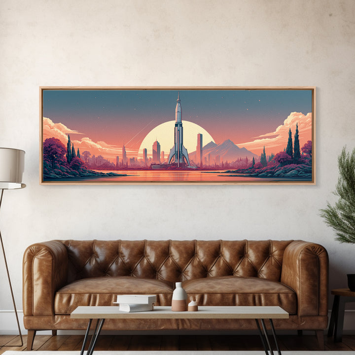 Space Age Rocket Poster Scene Framed Canvas Print, Retro Art, Wall Decor, Living Room Decor, Fine Art, Retro, Apartment Decor, RET-3x1-47