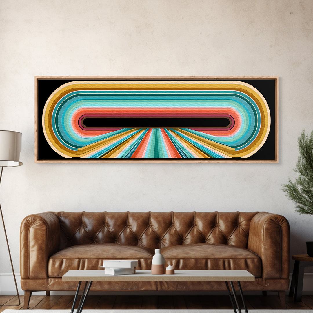 70s Rainbow Arch Abstract Framed Canvas Print, Retro Art, Dopamine Decor, Living Room Decor, Abstract Art, Retro, RET-3x1-57