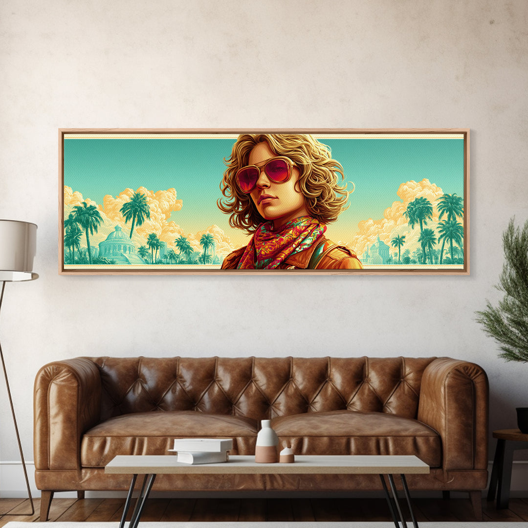 Mod Woman in Sunglasses and Scarf Canvas Print, Retro Art, Neutral Decor, Living Room Decor, Fine Art, Retro, Wall Art, RET-3x1-96