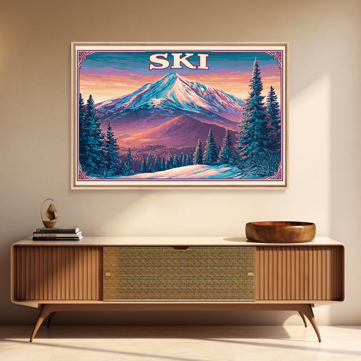 Retro Ski Poster Mountain Scene Framed Canvas Print, Retro Art, Fine Art Print, Living Room Decor, Fine Art, Retro, Wall Decor, RET-3x2-100