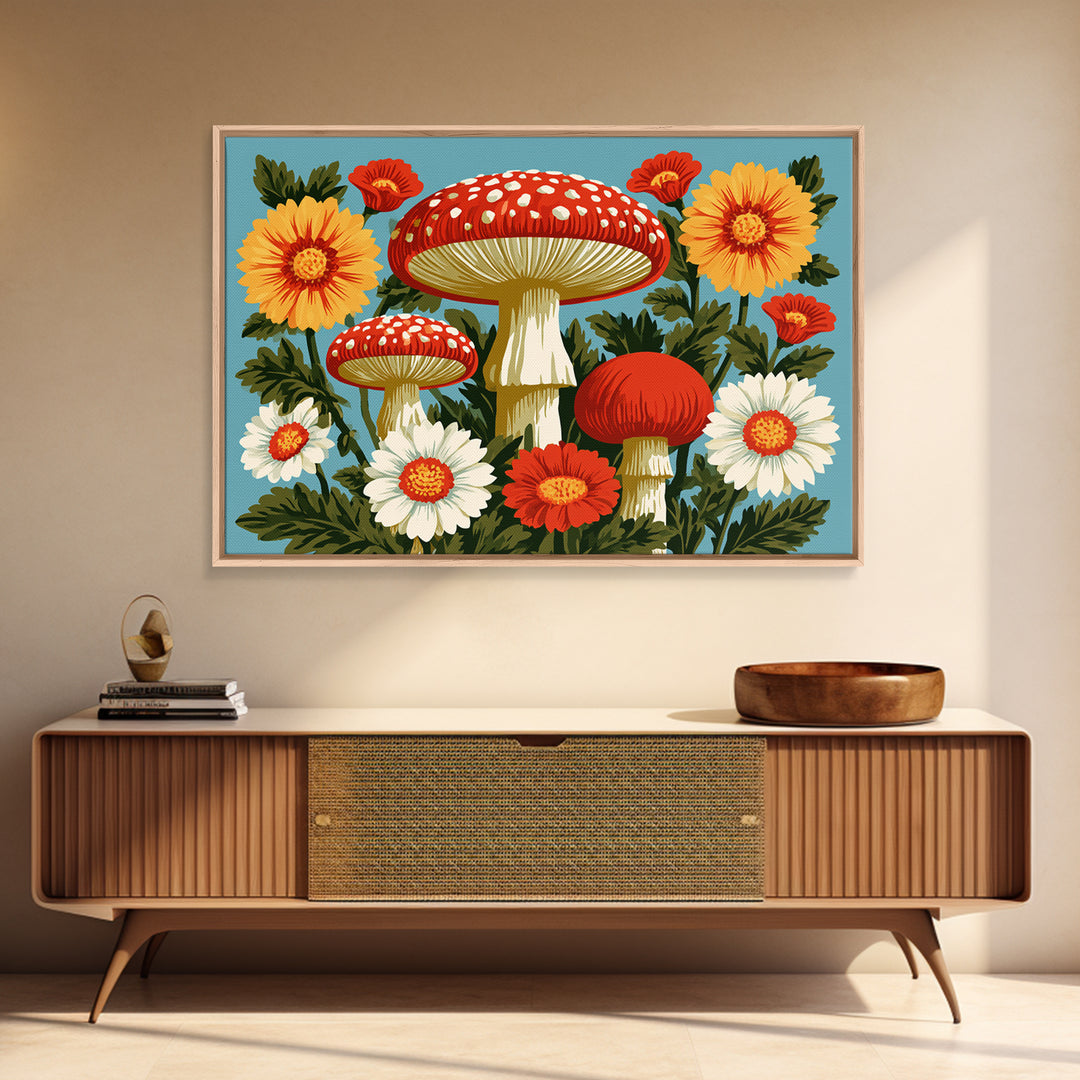 Funky Mushroom and Flower Pattern Framed Canvas Print, Retro Art, Abstract Wall Art, Living Room Decor, Fine Art, Retro, RET-3x2-27
