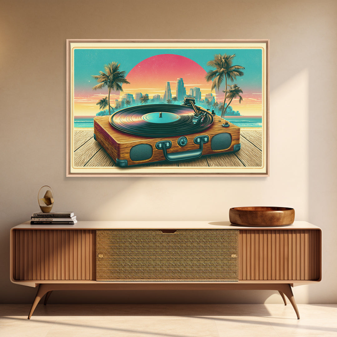 Vinyl Record Player Framed Canvas Print, Retro Art, Abstract Wall Art, Living Room Decor, Oil Painting, Retro, Neutral Decor, RET-3x2-40