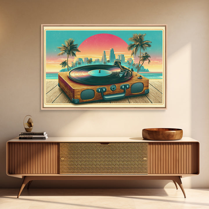 Vinyl Record Player Framed Canvas Print, Retro Art, Abstract Wall Art, Living Room Decor, Oil Painting, Retro, Neutral Decor, RET-3x2-40