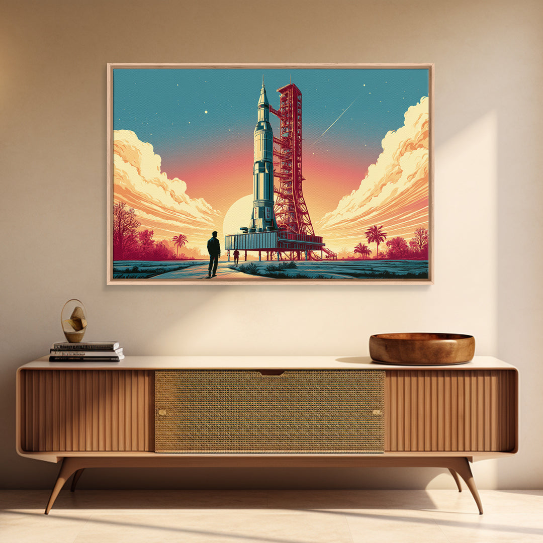 Space Age Rocket Poster Scene Framed Canvas Print, Retro Art, Art Print, Living Room Decor, Fine Art, Retro, Printable Wall Art, RET-3x2-59