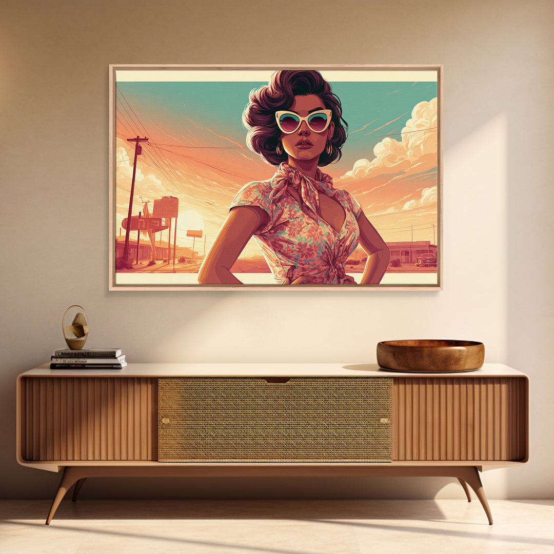 Mod Woman in Sunglasses and Scarf Framed Canvas Print, Retro Art, Floral Wall Art, Living Room Decor, Fine Art, Retro, RET-3x2-60