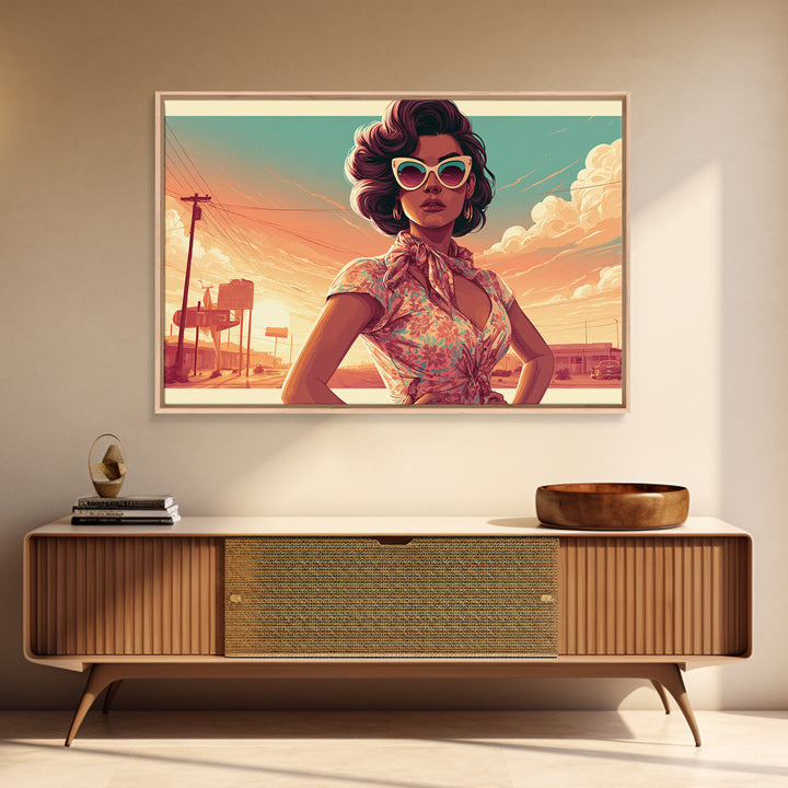 Mod Woman in Sunglasses and Scarf Framed Canvas Print, Retro Art, Floral Wall Art, Living Room Decor, Fine Art, Retro, RET-3x2-60