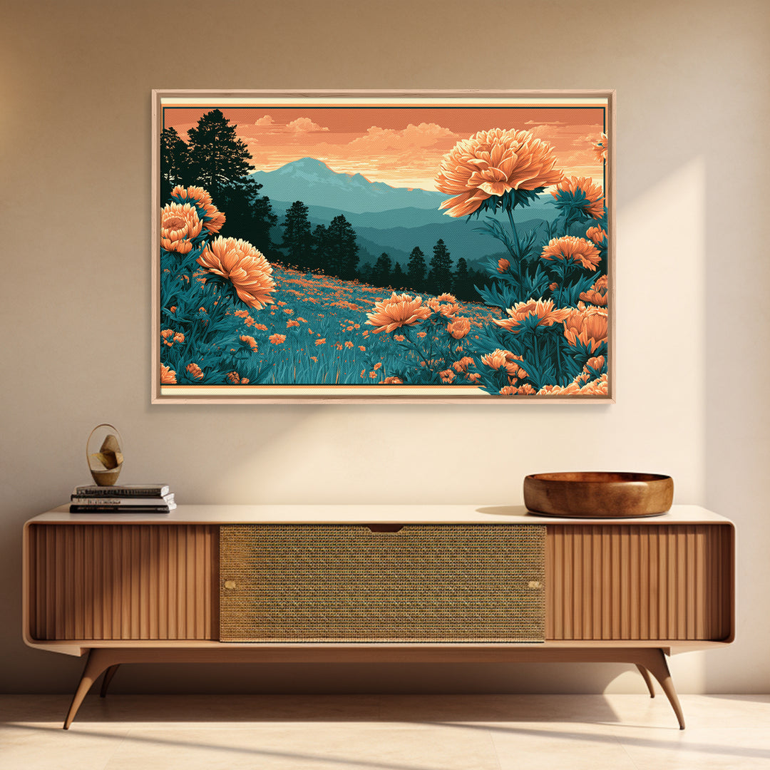 Retro Floral Pattern Framed Canvas Print, Retro Art, Movie Poster, Living Room Decor, Oil Painting, Retro, Wall Art Print, RET-3x2-63