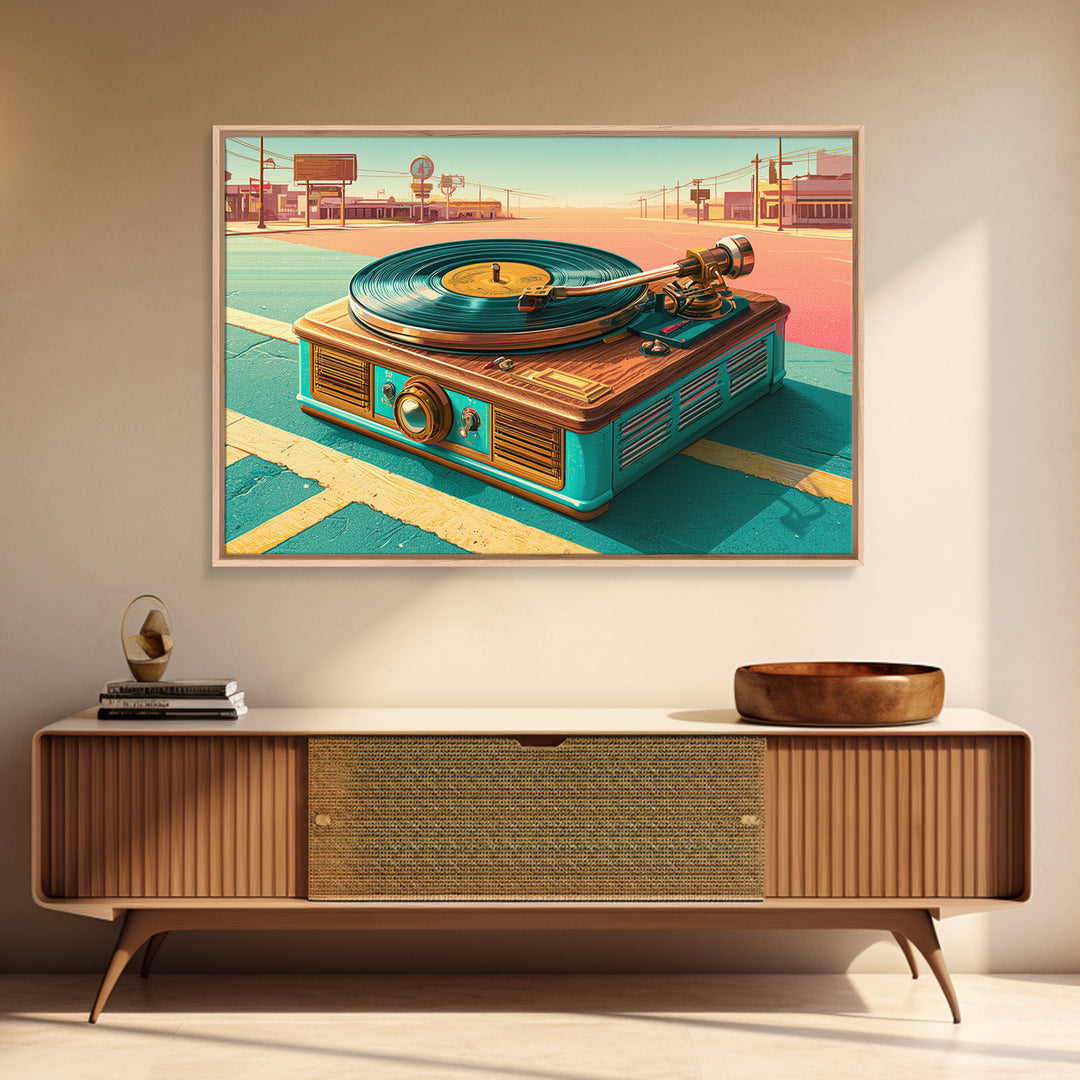 Vinyl Record Player Framed Canvas Print, Retro Art, Gallery Decor, Living Room Decor, Abstract Art, Retro, Contemporary Art, RET-3x2-64
