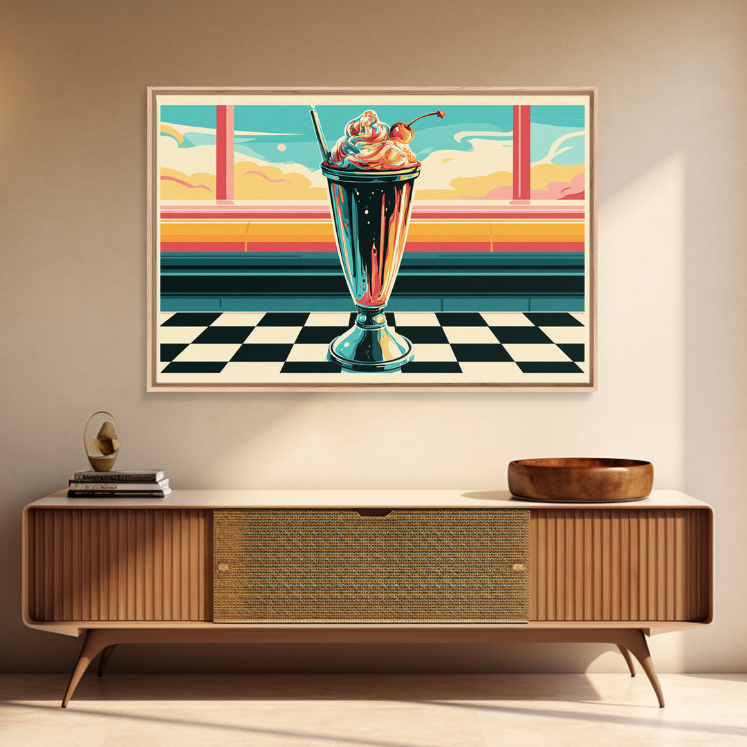 1950s Diner Milkshake Framed Canvas Print, Retro Art, Gallery Decor, Living Room Decor, Fine Art, Retro, Contemporary Art, RET-3x2-77