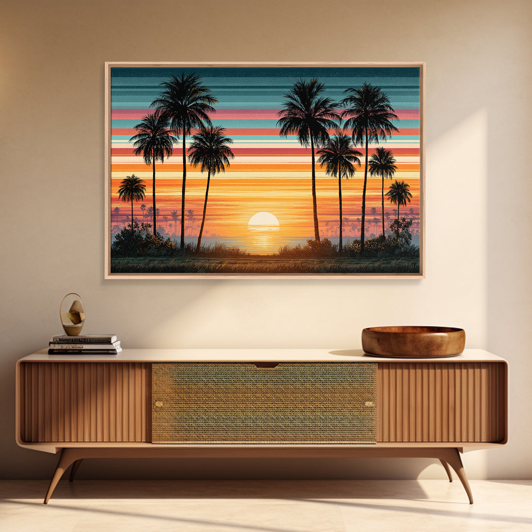70s Sunset Stripes Framed Canvas Print, Retro Art, Bedroom Wall Art, Living Room Decor, Watercolor Art, Retro, Art Print, RET-3x2-79