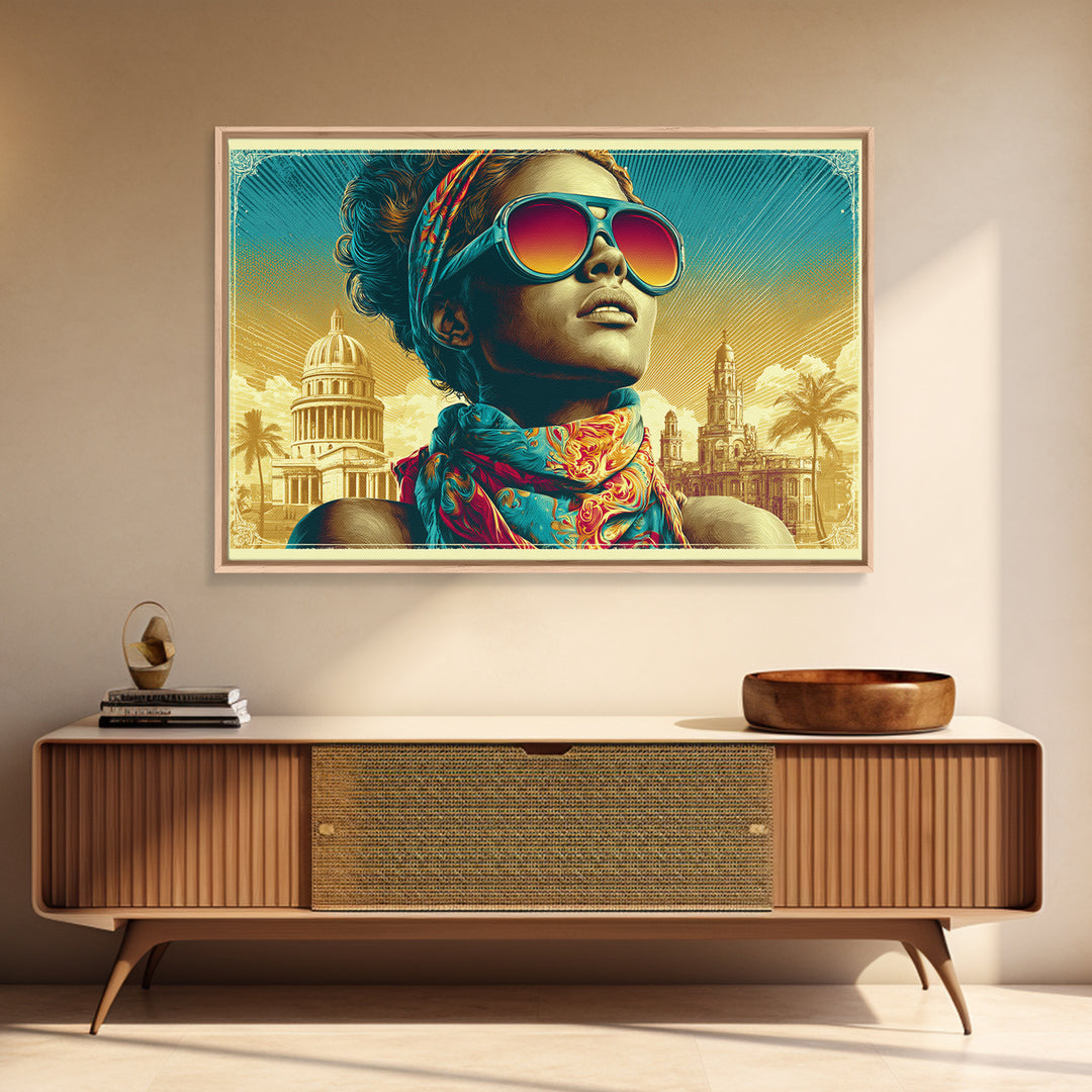 Mod Woman in Sunglasses and Scarf Canvas Print, Retro Art, Boho Decor, Living Room Decor, Retro, Posters, Digital Prints, RET-3x2-84