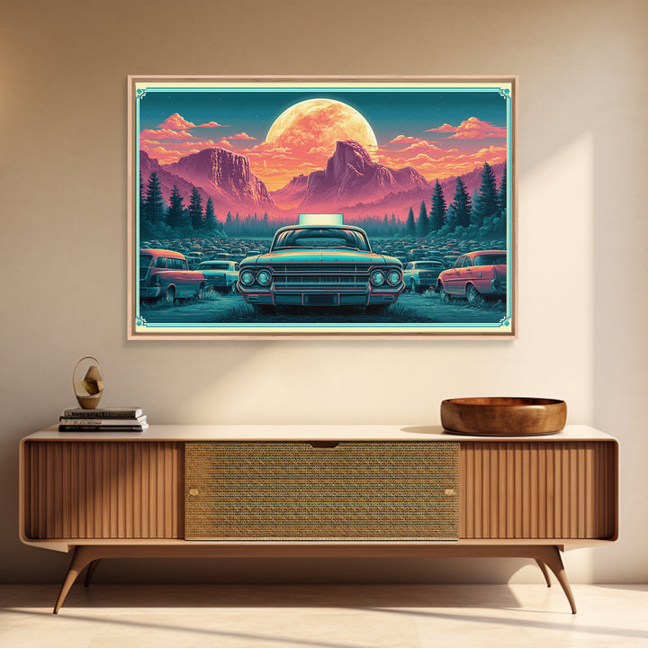 Drive in Movie Scene with Moonlit Cars Framed Canvas Print, Retro Art, Luxury Decor, Living Room Decor, Fine Art, Retro, RET-3x2-92