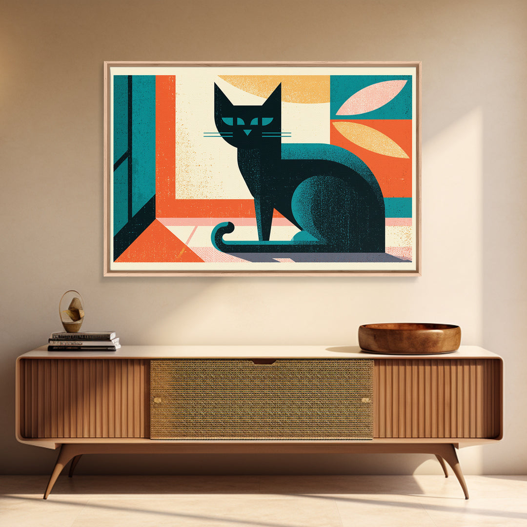 Mid Century Cat Framed Canvas Print, Retro Art, Floral Wall Art, Living Room Decor, Abstract Art, Retro, Minimalist Decor, RET-3x2-97