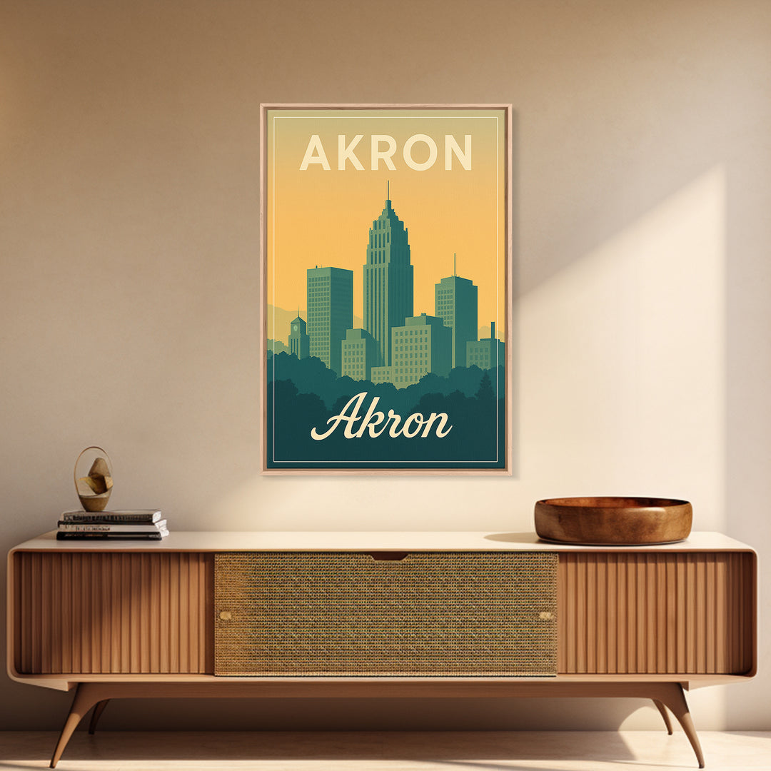Akron Ohio Travel Poster, Canvas Print, Retro Sunset Skyline Art, Akron Travel Art, Fine Art Print, Mid Century Wall Art, Travel Decor
