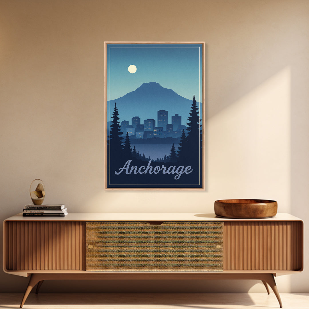 Anchorage Travel Poster, Framed Canvas Print, Retro Sunset Skyline Art, Anchorage City Art, Travel Poster Art, Travel Wall Decor