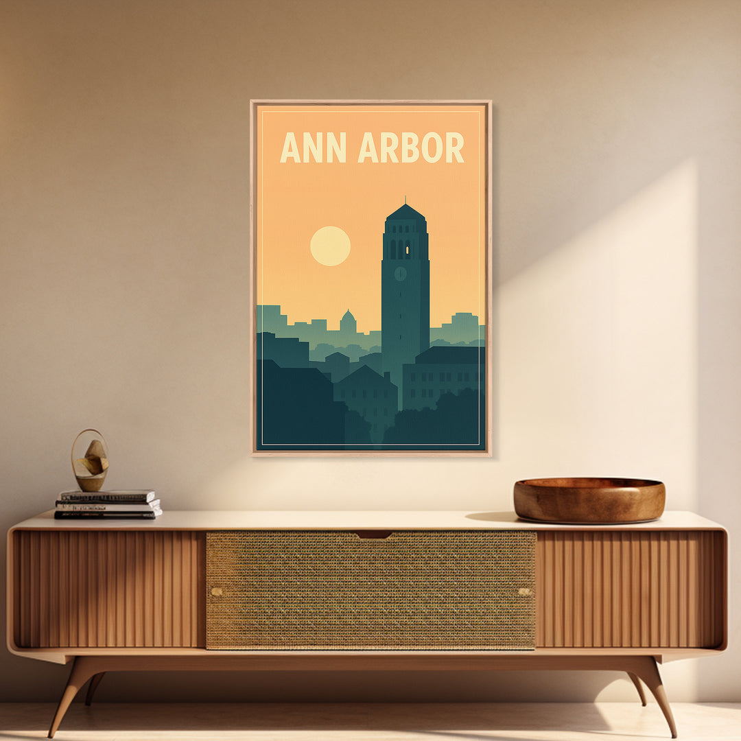 Ann Arbor Travel Poster, Framed Canvas Print, Retro Sunset Skyline Art, Ann Arbor Art Print, Travel Wall Art, City Art Print, Home Decor