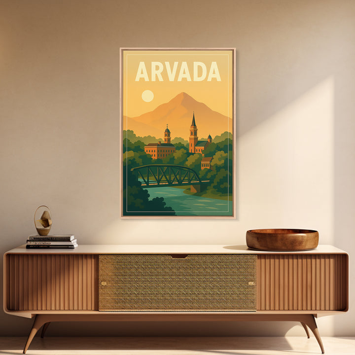 Arvada Travel Poster, Canvas Print, Mid Century City Wall Art, Arvada Poster Print, City Art Print, Wall Decor, Watercolor City Skyline