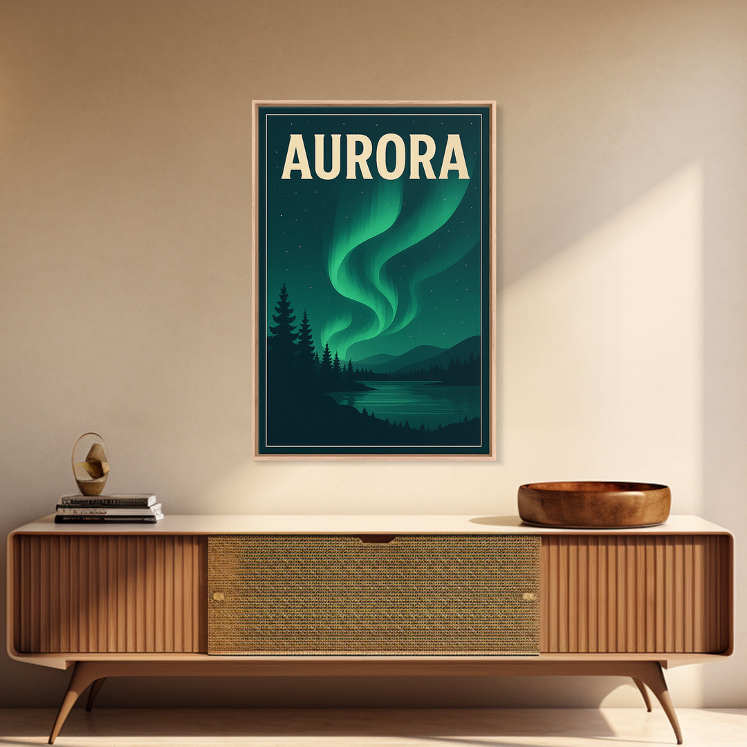 Aurora Travel Poster, Framed Canvas Print, Retro Sunset Skyline Art, Aurora Art Print, City Illustration, Vintage City Poster, Design 2