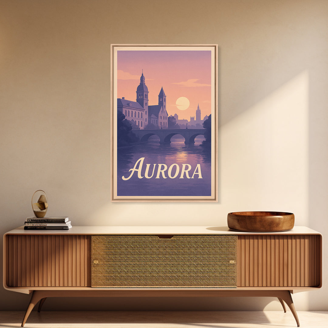 Aurora Travel Poster, Canvas Print, Mid Century City Wall Art, Aurora Wall Art, Gift For Travelers, City Illustration, Travel Wall Art